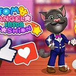 To katter i elegant antrekk står sammen i et fargerikt rom med dekorative elementer som en tommel opp og et hjerte