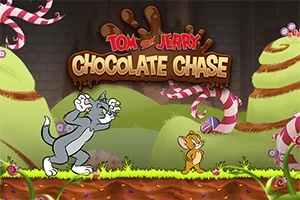 Tom and Jerry: Chocolate Chase En katt og en mus løper gjennom et fantasirike med søtsaker og store slikkepinner under en logo som sier Tom and Jerry Chocolate Chase
