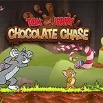 Tom and Jerry: Chocolate Chase En katt og en mus løper gjennom et fantasirike med søtsaker og store slikkepinner under en logo som sier Tom and Jerry Chocolate Chase