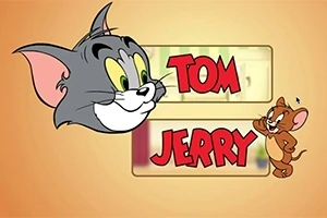 Tegnet bilde av en grå katt og en brun mus med navnene Tom og Jerry i rød tekst
