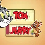 Tegnet bilde av en grå katt og en brun mus med navnene Tom og Jerry i rød tekst