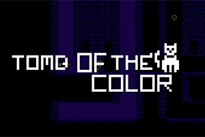 Tekst «Tome of the Color» med en liten, hvit tegnet katt på en mørk blå pikselert bakgrunn