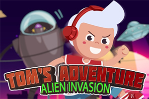 Tegnet karakter med hvitt hår og røde hodetelefoner løper foran en robot og romskip på en fargerik himmelbakgrunn med teksten Toms Adventure: Alien Invasion