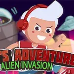 Tegnet karakter med hvitt hår og røde hodetelefoner løper foran en robot og romskip på en fargerik himmelbakgrunn med teksten Toms Adventure: Alien Invasion