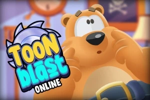 En animert bjørn ser overrasket ut ved siden av teksten Toon Blast Online i en fargerik bakgrunn