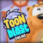 En animert bjørn ser overrasket ut ved siden av teksten Toon Blast Online i en fargerik bakgrunn