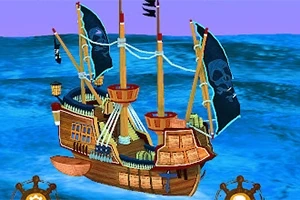 Piratbåt med svarte seil og hodeskallesymboler på en blå havoverflate