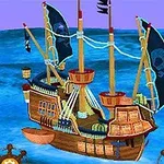 Piratbåt med svarte seil og hodeskallesymboler på en blå havoverflate