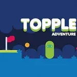 Fargerik tegneserieillustrasjon med teksten TOPPLE ADVENTURE, en grønn figur, en rød bil med astronaut, og en plattform med et rødt flagg