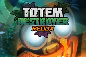 Totemmaske med lysende øyne omgitt av grønne blader og teksten Totem Destroyer Redux