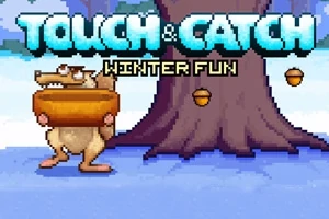 En tegneserieaktig figur med store tenner holder en beholder under et tre med fallende eikenøtter, mot en vinterlig bakgrunn med snø og teksten Touch & Catch: Winter Fun øverst