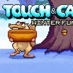 En tegneserieaktig figur med store tenner holder en beholder under et tre med fallende eikenøtter, mot en vinterlig bakgrunn med snø og teksten Touch & Catch: Winter Fun øverst