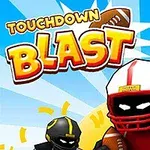 To amerikanske fotballspillere i tegneseriestil, en i rødt og en i sort og gult, med en amerikansk fotball i bakgrunnen og teksten TOUCHDOWN BLAST