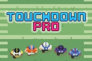 Fem amerikanske fotballspillere sett ovenfra på en grønn bane med teksten TOUCHDOWN PRO over dem