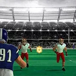 En amerikansk fotballspiller i blått løper mot to forsvarere i hvitt og rødt på en stadion