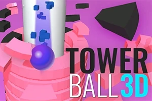 En lilla kule faller nedover en spiralformet rosa tårnstruktur med svarte blokker og teksten TOWER BALL 3D