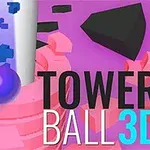 En lilla kule faller nedover en spiralformet rosa tårnstruktur med svarte blokker og teksten TOWER BALL 3D
