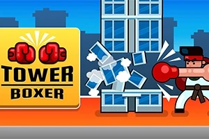 En tegneserieaktig bokser slår på en bygning og knuser vinduer, med en gul plakat med teksten Tower Boxer til venstre
