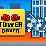 En tegneserieaktig bokser slår på en bygning og knuser vinduer, med en gul plakat med teksten Tower Boxer til venstre