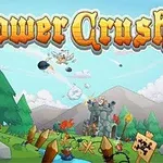 To tårn av stein står mot hverandre i et grønt landskap med soldater og bomber i luften, og med store bokstaver over som sier Tower Crush