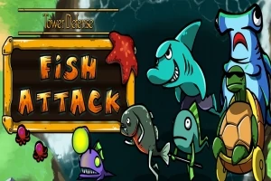 Fargerike og animerte havdyr står ved siden av en treplanke med teksten Fish Attack