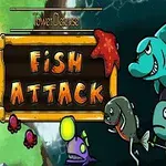 Fargerike og animerte havdyr står ved siden av en treplanke med teksten Fish Attack