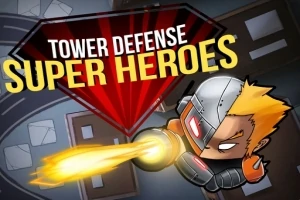 Tegnet superhelt med rustning skyter en lysende stråle mot bakgrunn av mørke bygninger og teksten Tower Defense Super Heroes