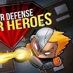 Tegnet superhelt med rustning skyter en lysende stråle mot bakgrunn av mørke bygninger og teksten Tower Defense Super Heroes