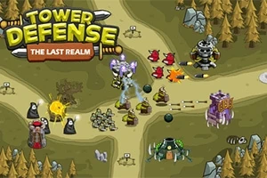 Tegneserieaktige tårn, baneveier, roboter og figurer plassert i et skogkledd terreng med teksten Tower Defense The Last Realm øverst
