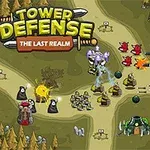 Tegneserieaktige tårn, baneveier, roboter og figurer plassert i et skogkledd terreng med teksten Tower Defense The Last Realm øverst