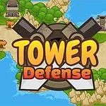Fargerik kartillustrasjon med veier, bygninger og vegetasjon, samt teksten Tower Defense i midten
