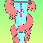 En ball faller gjennom en serie av spiralformede, rosa plattformer mot en lysegrønn bakgrunn
