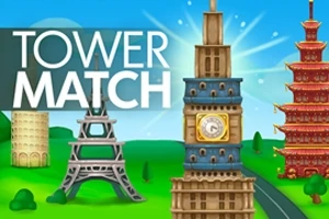 Illustrasjon av kjente tårn i et grønt landskap med teksten Tower Match