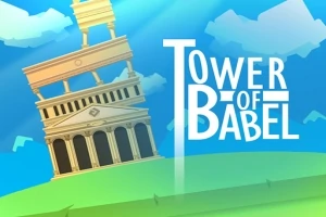 Tegnet illustrasjon av et skjevt tårn med klassisk arkitektur på en grønn bakke, med teksten Tower of Babel ved siden av
