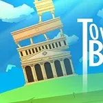 Tegnet illustrasjon av et skjevt tårn med klassisk arkitektur på en grønn bakke, med teksten Tower of Babel ved siden av