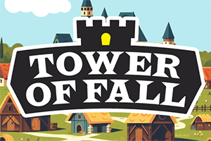 Logoen Tower of Fall over et illustrert landskap med middelalderske bygninger og tårn