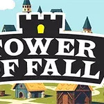 Logoen Tower of Fall over et illustrert landskap med middelalderske bygninger og tårn