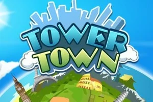 Tegnet bilde av jorden med kjente landemerker og teksten Tower Town på himmelen