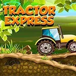Tegneserieaktig traktor kjører over en ujevn sti i et grønt landskap med løvtrær og åkre i bakgrunnen