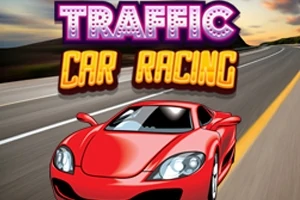 Rødt sportsbil på motorvei med teksten Traffic Car Racing i neonbokstaver over