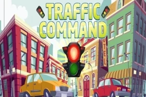 En trafikklysillustrasjon med to biler foran fargerike bygninger i en bygate, med teksten Traffic Command øverst