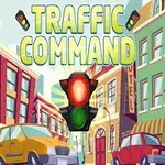 En trafikklysillustrasjon med to biler foran fargerike bygninger i en bygate, med teksten Traffic Command øverst