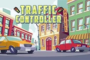 Fargerik tegning av en bygate med bygninger, to biler og teksten Traffic Controller over
