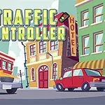 Fargerik tegning av en bygate med bygninger, to biler og teksten Traffic Controller over
