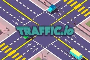 Tegnet veikryss med biler, fotgjengerfelt og teksten Traffic