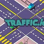 Tegnet veikryss med biler, fotgjengerfelt og teksten Traffic
