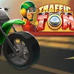 En grønn motorsykkel med en tegneseriefigur i hjelm og teksten Traffic Tom i bakgrunnen