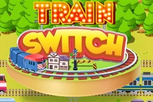 Fargerik illustrasjon av et lite togsett, et skilt og ordet Train Switch på en rund plattform omgitt av trær