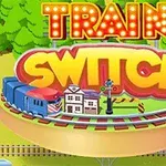 Fargerik illustrasjon av et lite togsett, et skilt og ordet Train Switch på en rund plattform omgitt av trær