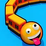 En gul emoji med et stort smil og tungen ut danner hodet på et tog av sammenkoblede rektangulære former mot en blå bakgrunn